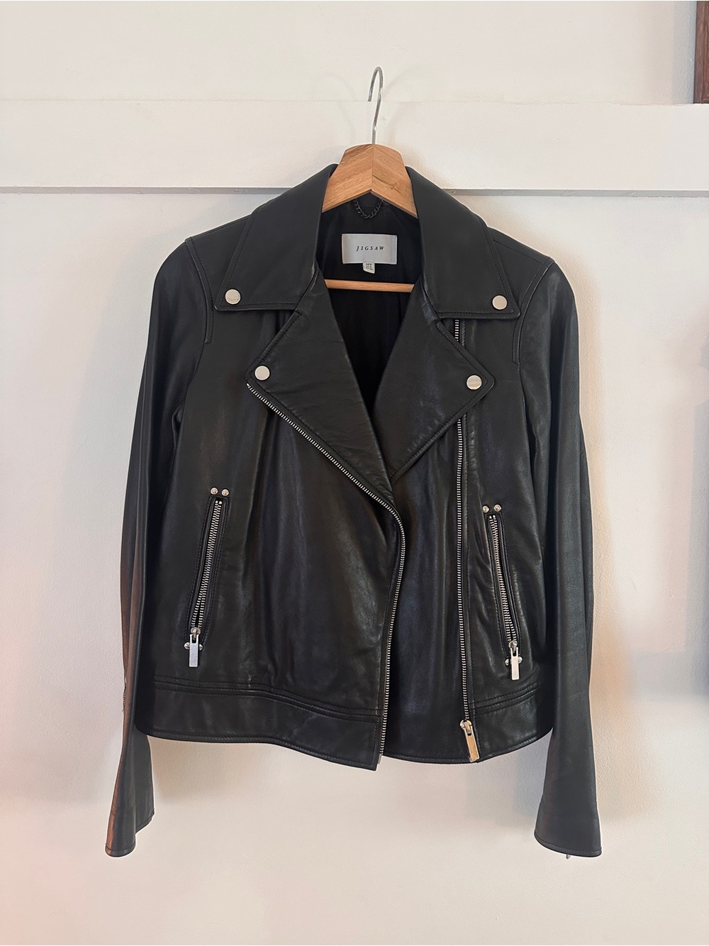 Jigsaw Black Leather Moto Jacket with Silver Hardware